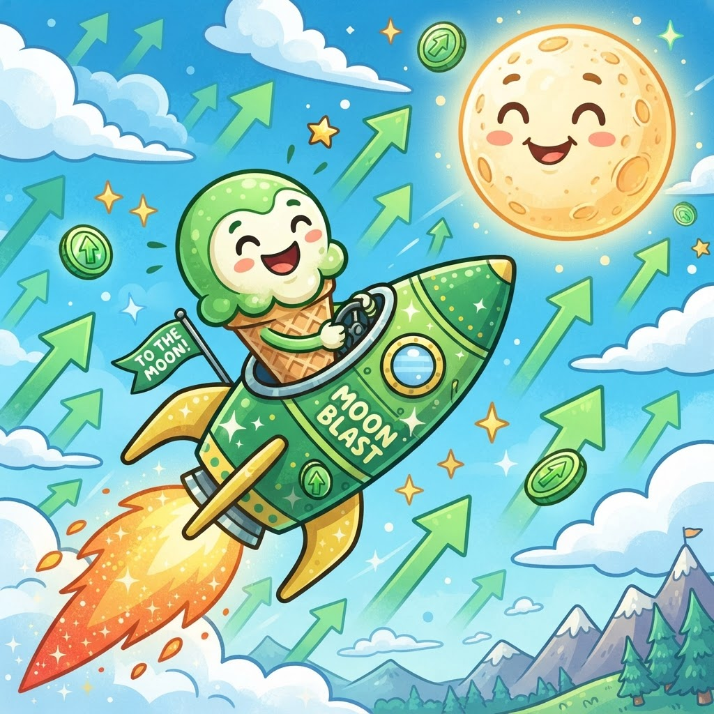 The cuuuuupsey mascot riding a rocket toward the moon