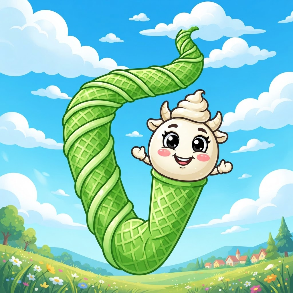 A very long, stretched green cuuuuupsey mascot reaching into the sky